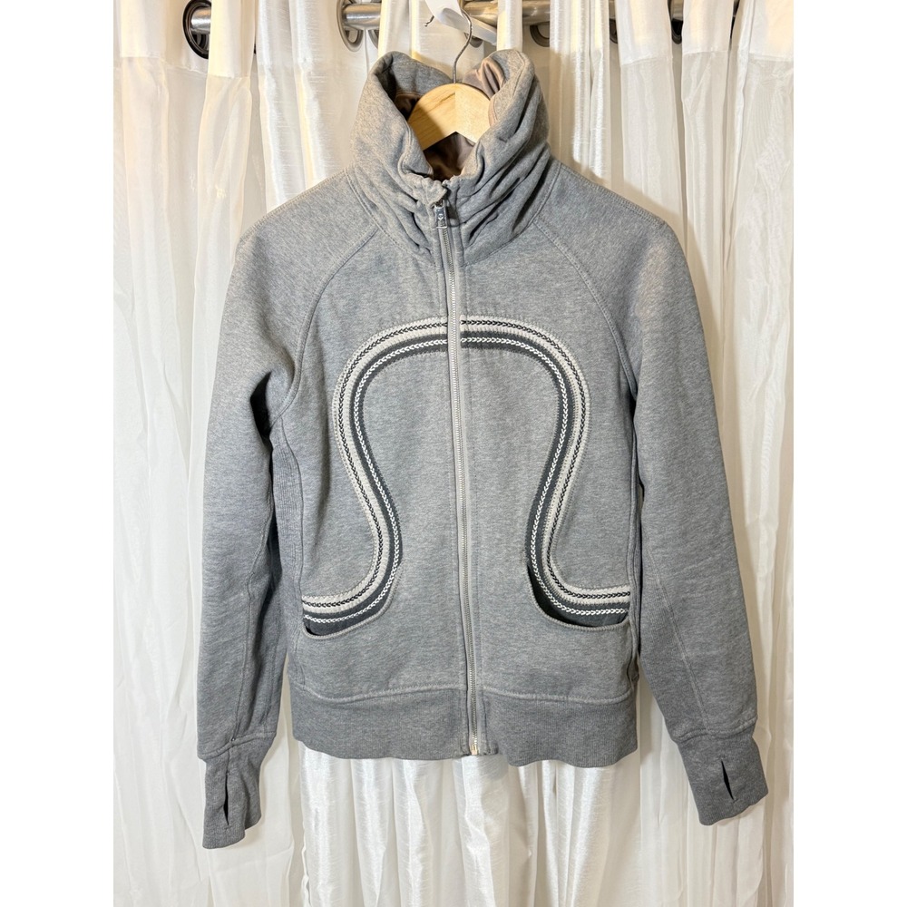 Lululemon Scuba Full Zip Hoodie Womens 8 Grey Embroidered Logo High Neck